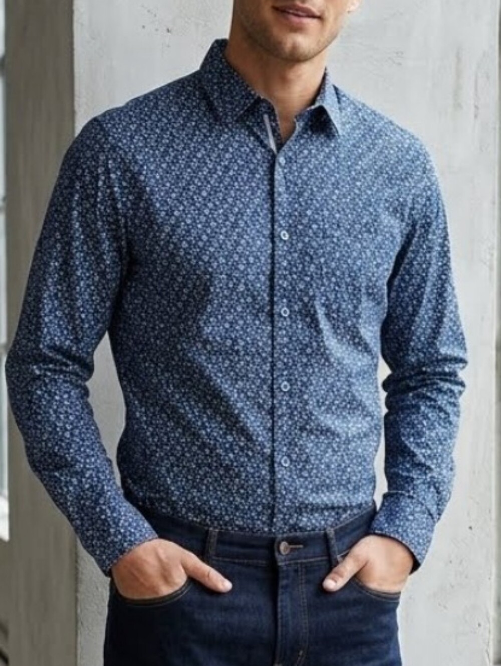 Denim & Flower Men's Navy Micro Floral Button-Down Cotton Shirt Sz M